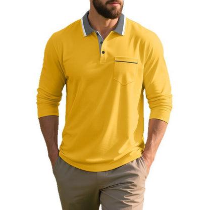 Men's stylish long sleeve polo shirt with textured surface and practical chest pocket Skorter