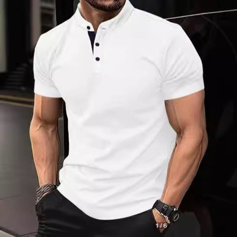 Men's stylish short-sleeve shirt with modern stand-up collar and decorative buttons Skorter