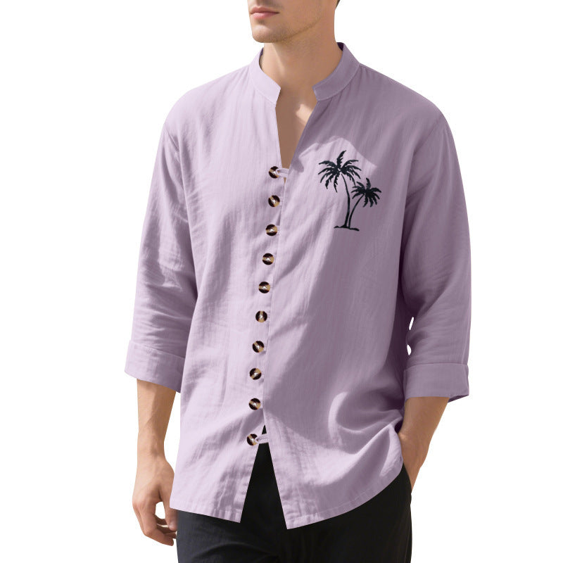 Men's long-sleeve shirt with embroidered palm motif and button placket Skorter