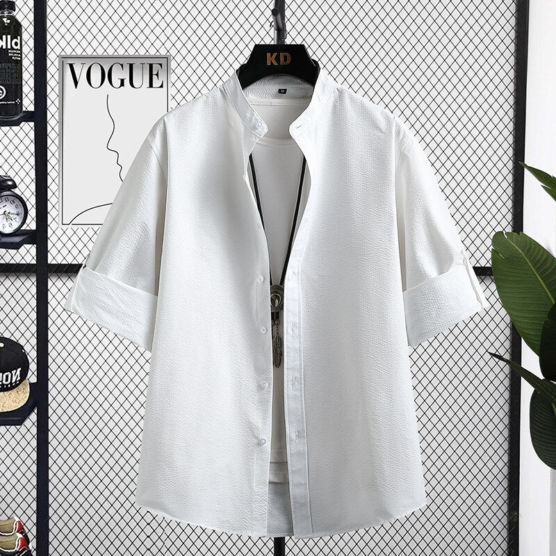 Men's Nice Long Sleeve Shirt with Modern Stand-Up Collar and Textured Fabric Skorter