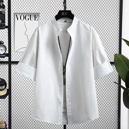 Men's Nice Long Sleeve Shirt with Modern Stand-Up Collar and Textured Fabric Skorter