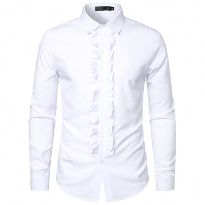 Men's Long Sleeve Shirt with Ruffle Decoration and Elegant Button Details Skorter