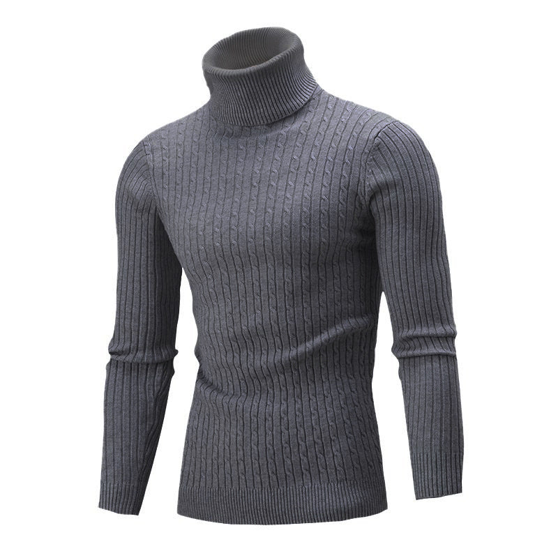 Men's Elegant Knit Sweater with Stand-Up Collar and Fine Cable Knit Pattern Skorter