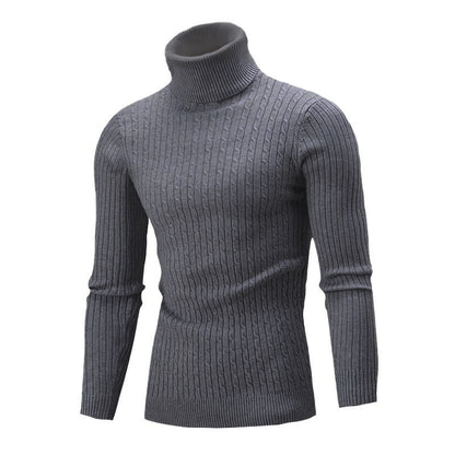 Men's Elegant Knit Sweater with Stand-Up Collar and Fine Cable Knit Pattern Skorter