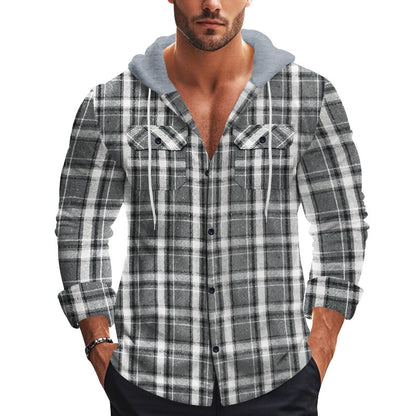 Men's Long Sleeve Shirt with Hoodie and Check Pattern Skorter