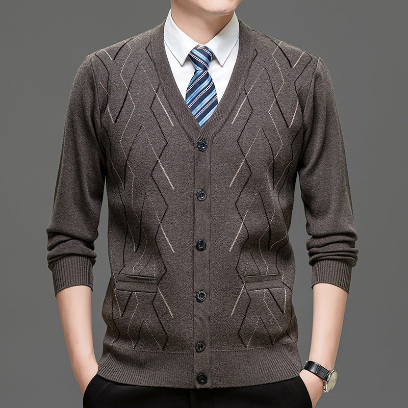 Men's Cardigan with Deep V-Neck and Elegant Diamond Pattern Skorter