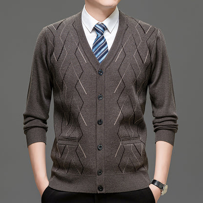 Men's Cardigan with Deep V-Neck and Elegant Diamond Pattern Skorter