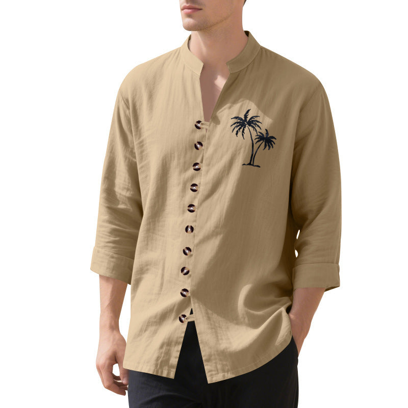 Men's long-sleeve shirt with embroidered palm motif and button placket Skorter