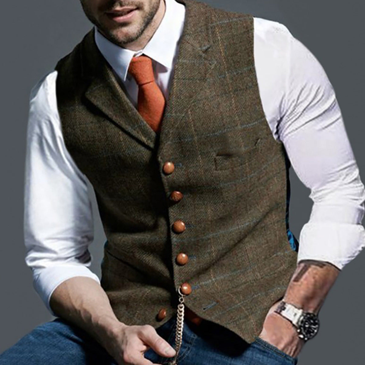 Men's vest made of high-quality linen fabric with individual wooden buttons Skorter