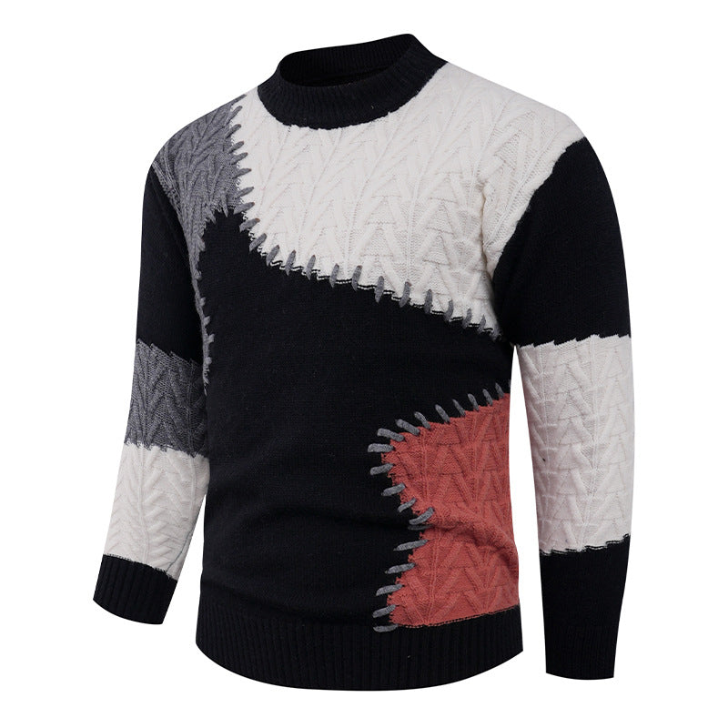 Men's Stylish Knit Sweater with Creative Patchwork Design Skorter