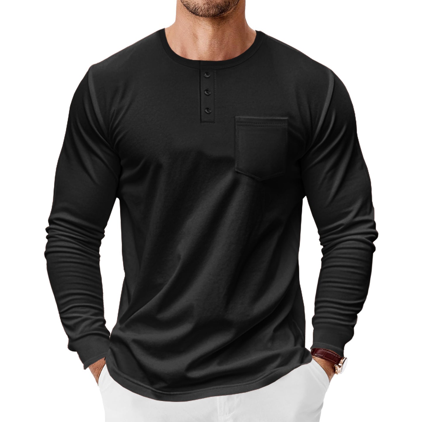 Men's long-sleeve shirt with fashionable Henley neckline and practical breast pocket Skorter