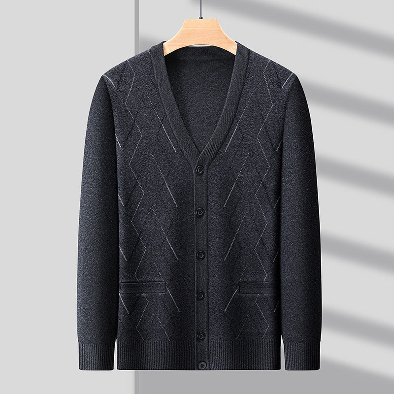 Men's Cardigan with Deep V-Neck and Elegant Diamond Pattern Skorter