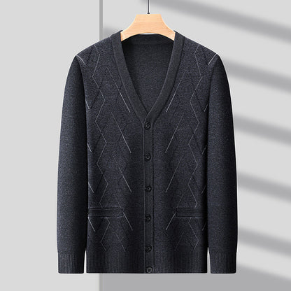 Men's Cardigan with Deep V-Neck and Elegant Diamond Pattern Skorter