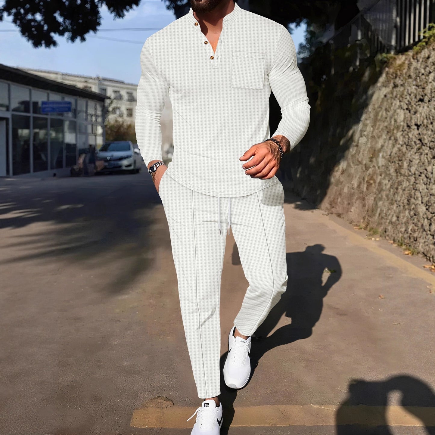 Men's stylish leisure suit set with textured top and comfortable joggers Skorter