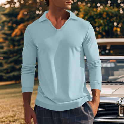 Men's Long Sleeve Shirt with Modern V-Neck and Textured Design Skorter