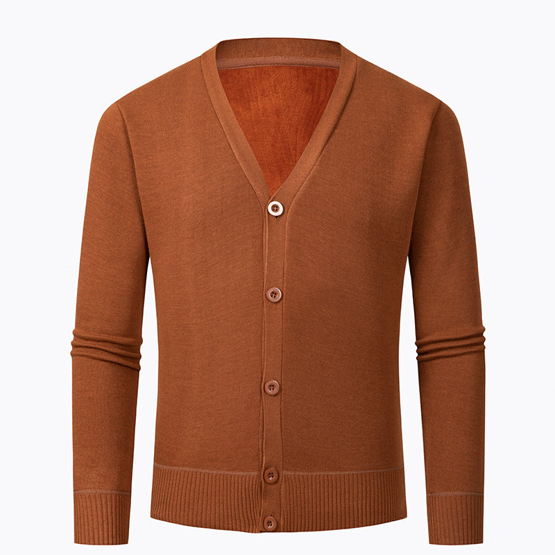 Herrkardigan med V-ringning och knapplös design Skorter
