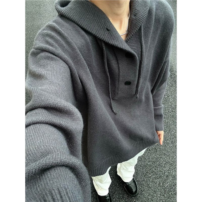 Men's casual hooded sweater with button placket and thicker knit structure Skorter