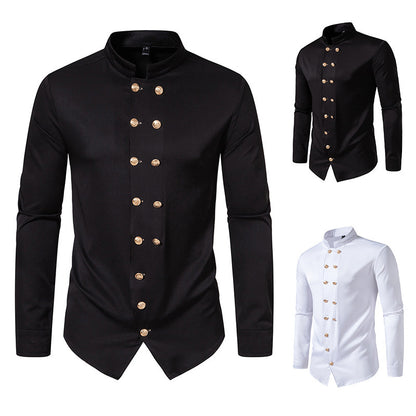 Men's Long Sleeve Shirt with Traditional Stand Collar and Decorative Buttons Skorter