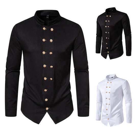 Men's Long Sleeve Shirt with Traditional Stand Collar and Decorative Buttons Skorter