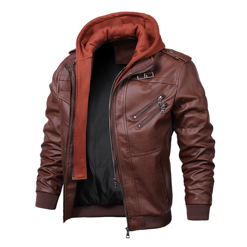 Men's Biker Jacket with Removable Hood and Functional Pockets Skorter