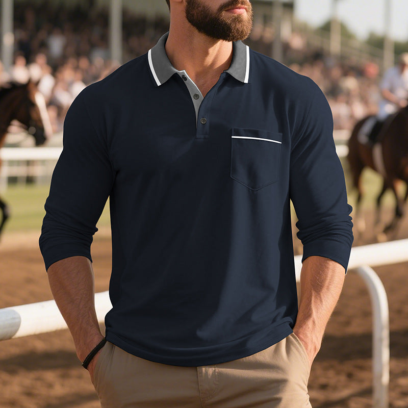 Men's stylish long sleeve polo shirt with textured surface and practical chest pocket Skorter