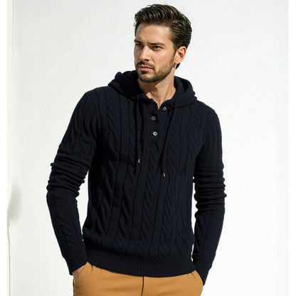 Men's stylish knit sweater with hood and button details Skorter