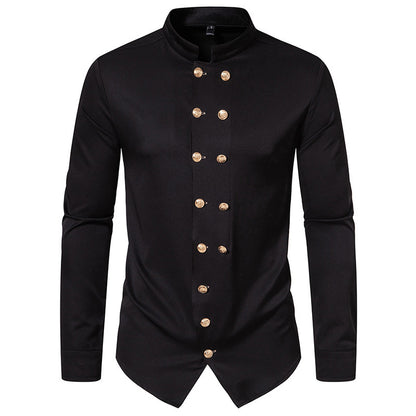 Men's Long Sleeve Shirt with Traditional Stand Collar and Decorative Buttons Skorter