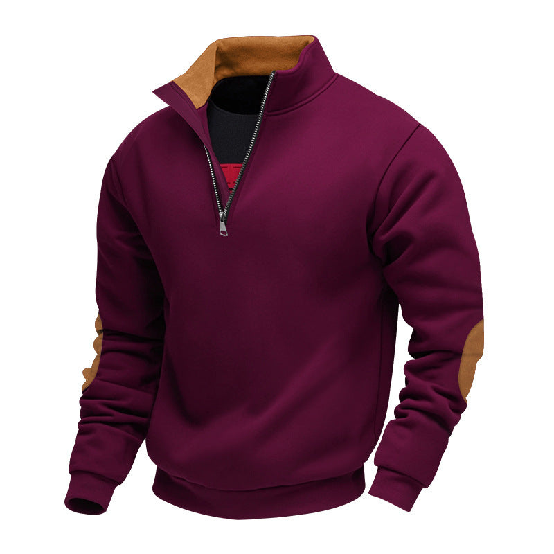 Men's Sporty Stand Collar Sweater with Zipper and Leather Accents Skorter