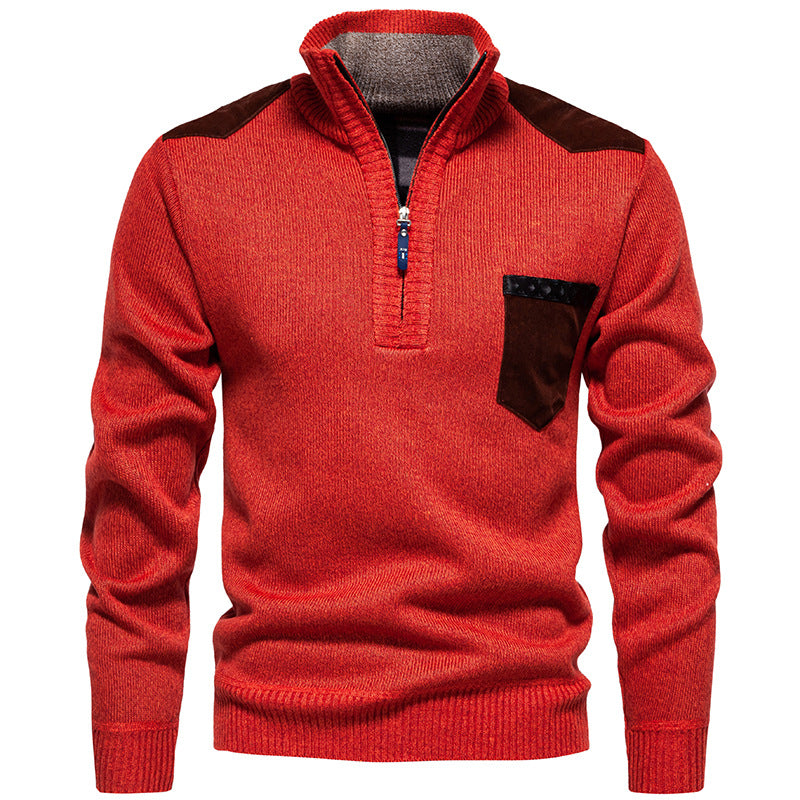 Men's Stand Collar Sweater with Contrasting Details and Practical Pockets Skorter