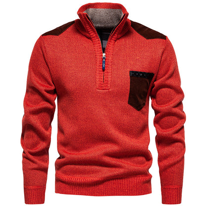 Men's Stand Collar Sweater with Contrasting Details and Practical Pockets Skorter