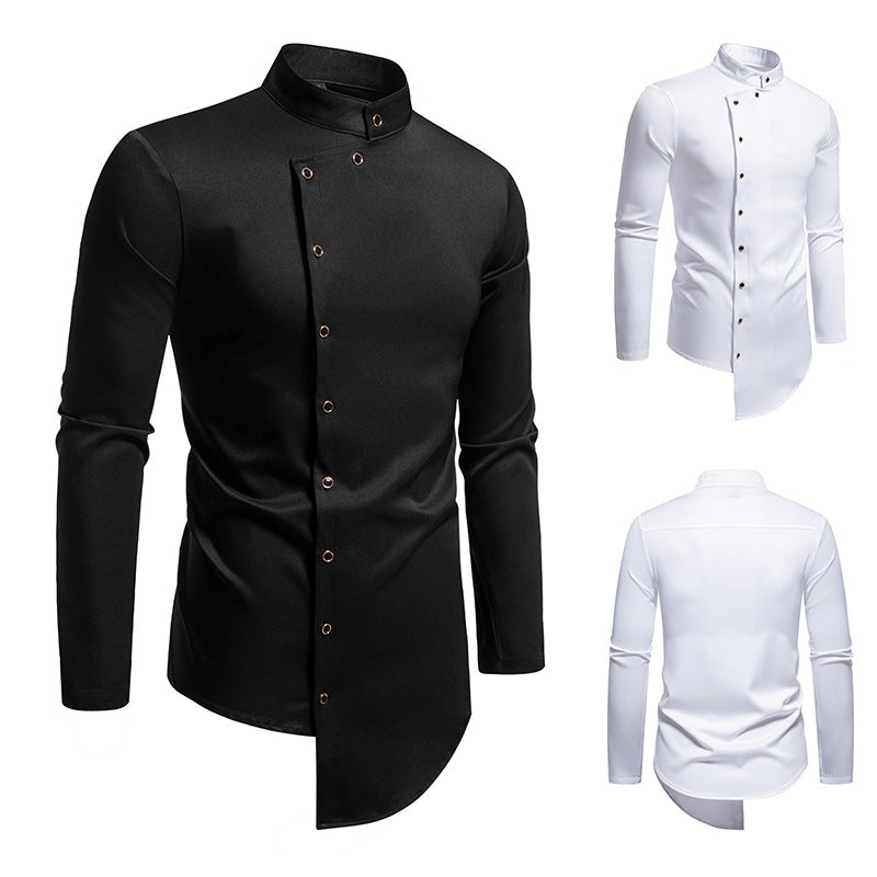 Men's modern cut long-sleeve shirt with asymmetrical button placket and stand collar Skorter