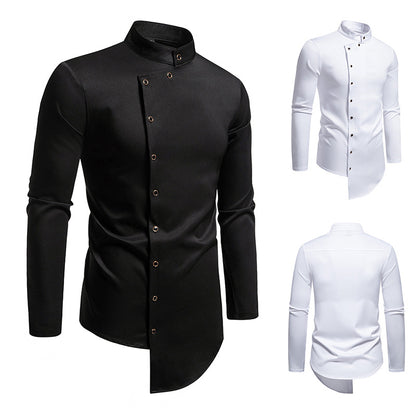 Men's modern cut long-sleeve shirt with asymmetrical button placket and stand collar Skorter