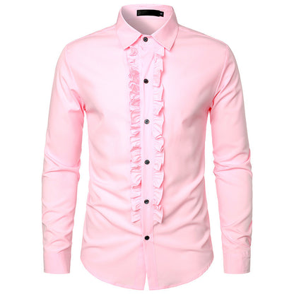 Men's Long Sleeve Shirt with Ruffle Decoration and Elegant Button Details Skorter