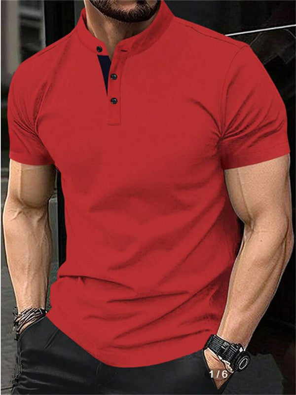Men's stylish short-sleeve shirt with modern stand-up collar and decorative buttons Skorter
