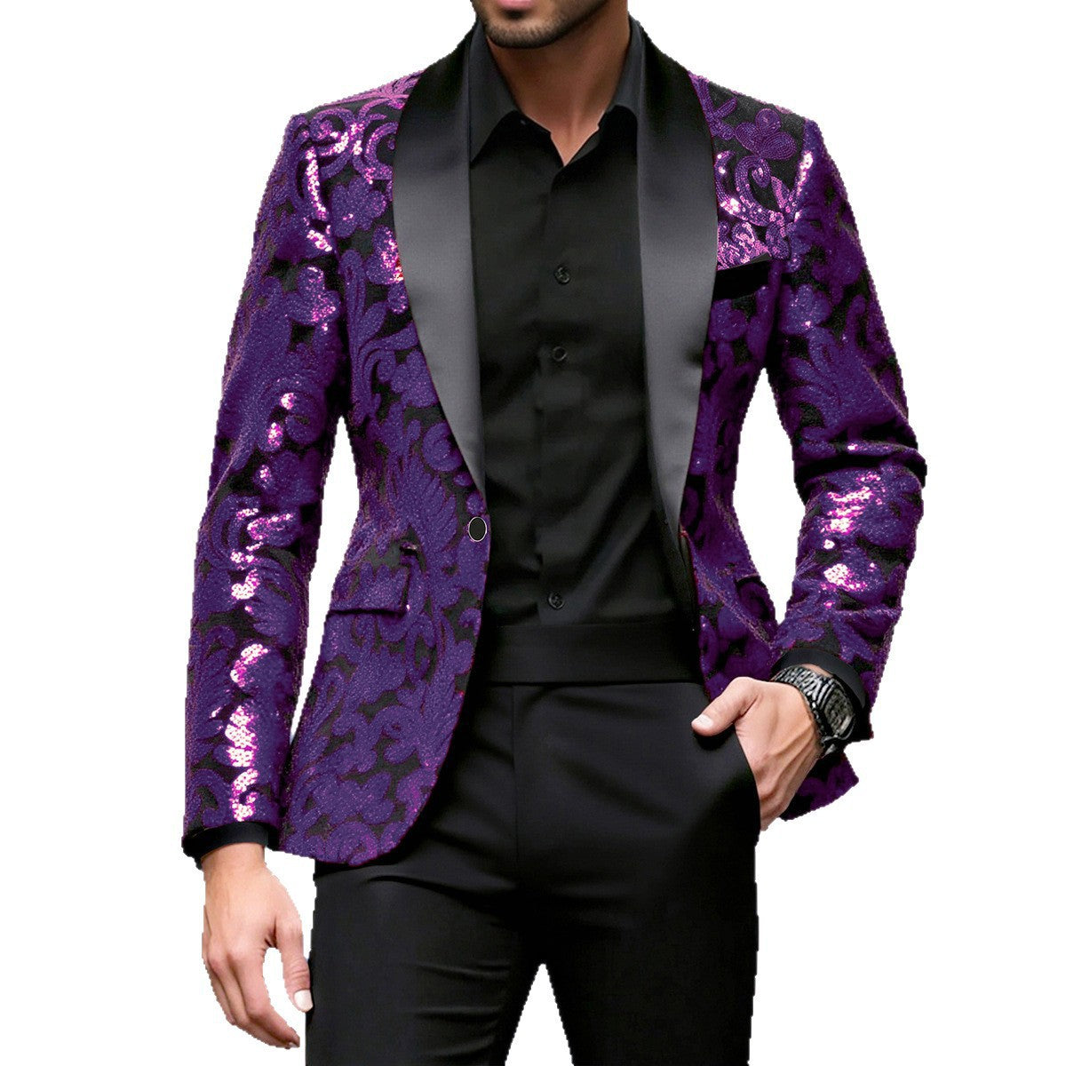 Men Sparkling Sequin Blazer with Floral Design Skorter