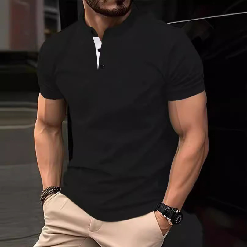 Men's stylish short-sleeve shirt with modern stand-up collar and decorative buttons Skorter