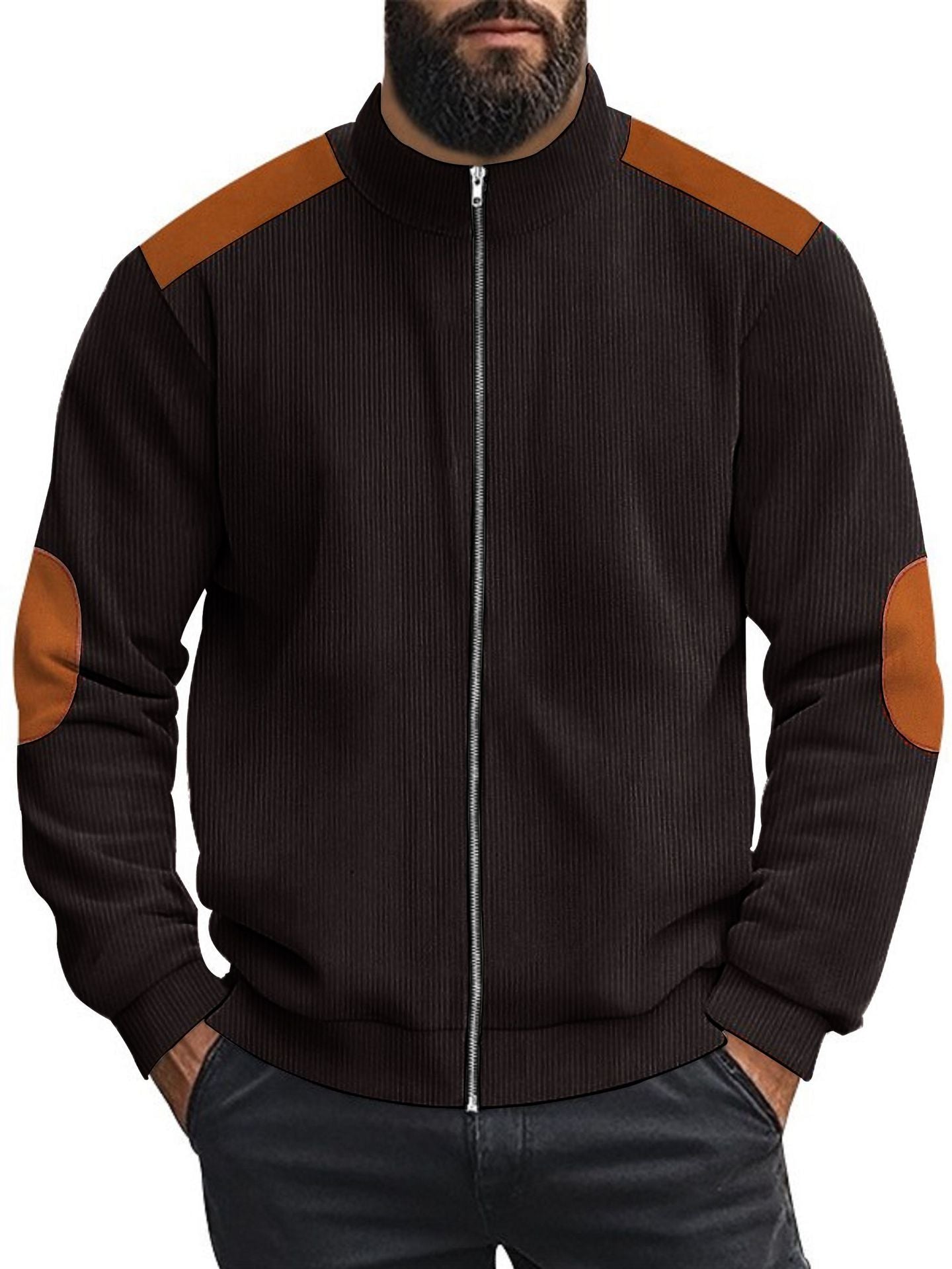 Men's cardigan with modern leather accents and high closed collar Skorter