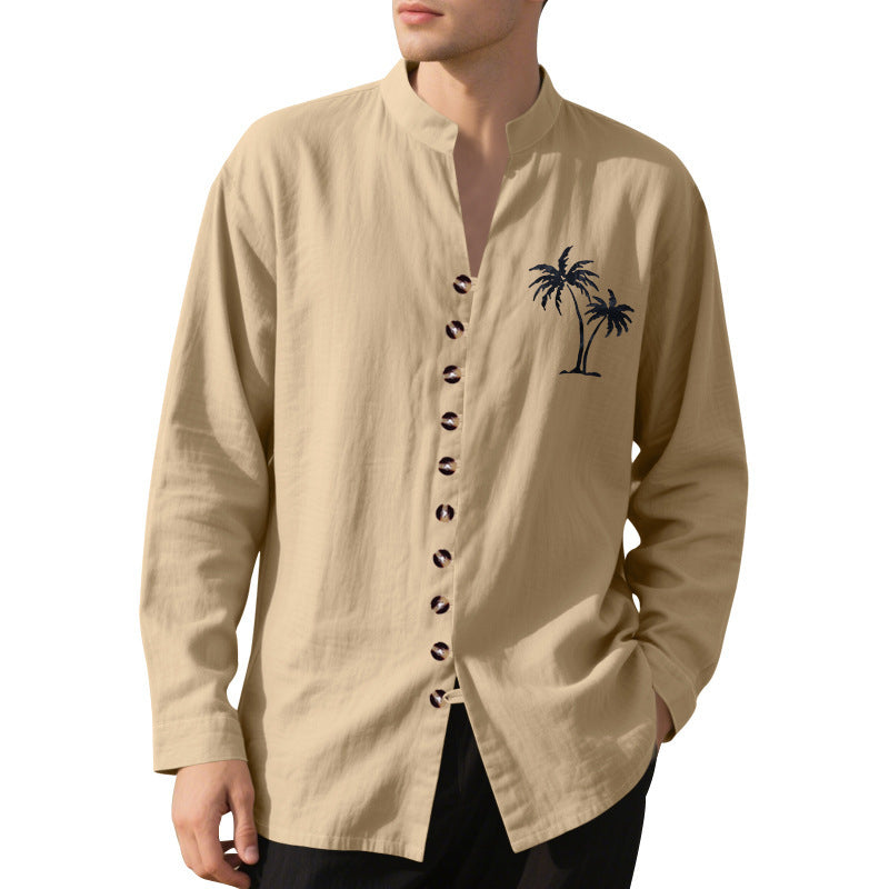 Men's long-sleeve shirt with embroidered palm motif and button placket Skorter