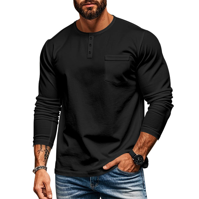 Men's long-sleeved Henley shirt with textured cotton surface and chest pocket Skorter