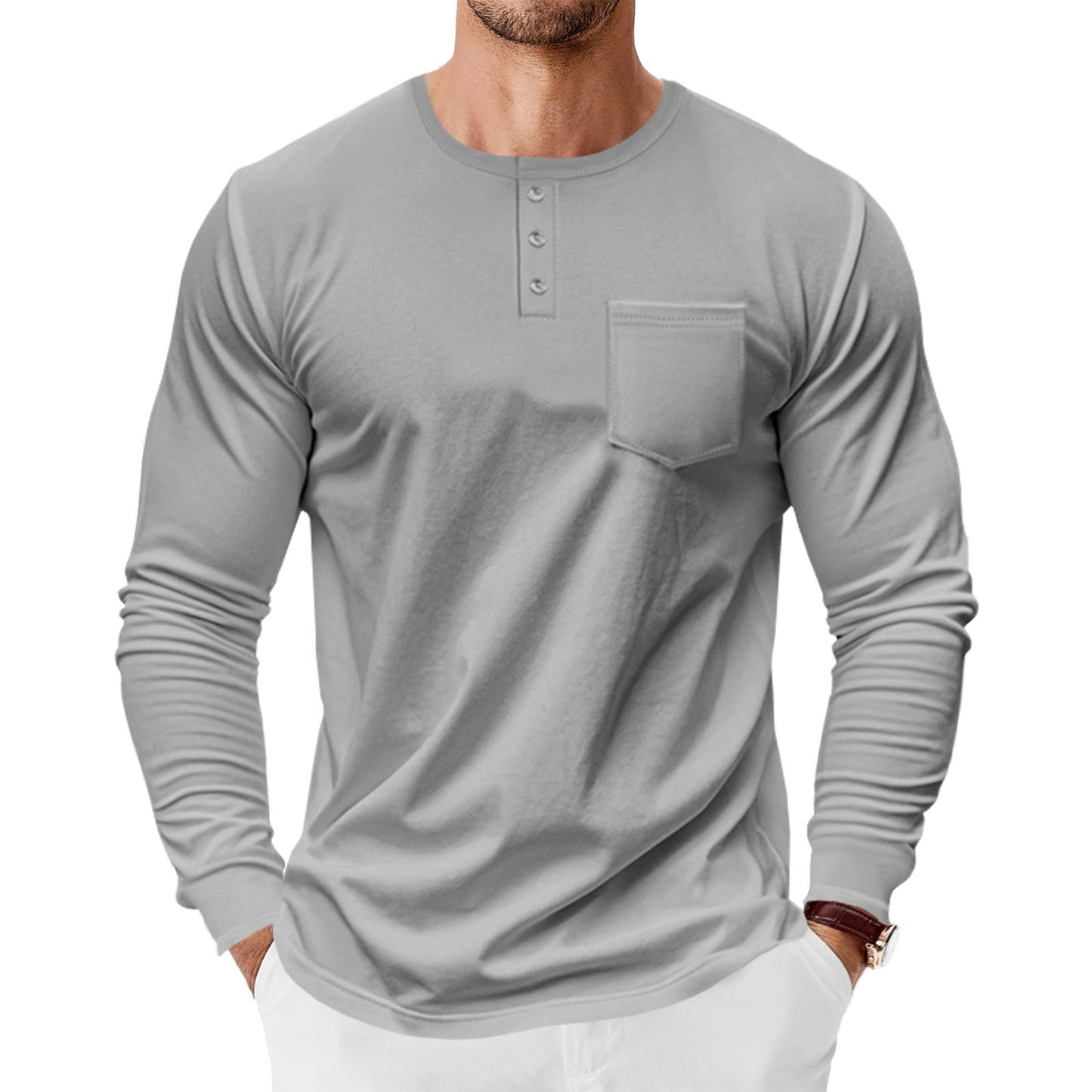 Men's Long Sleeve Shirts with Button Placket and Chest Pocket Skorter