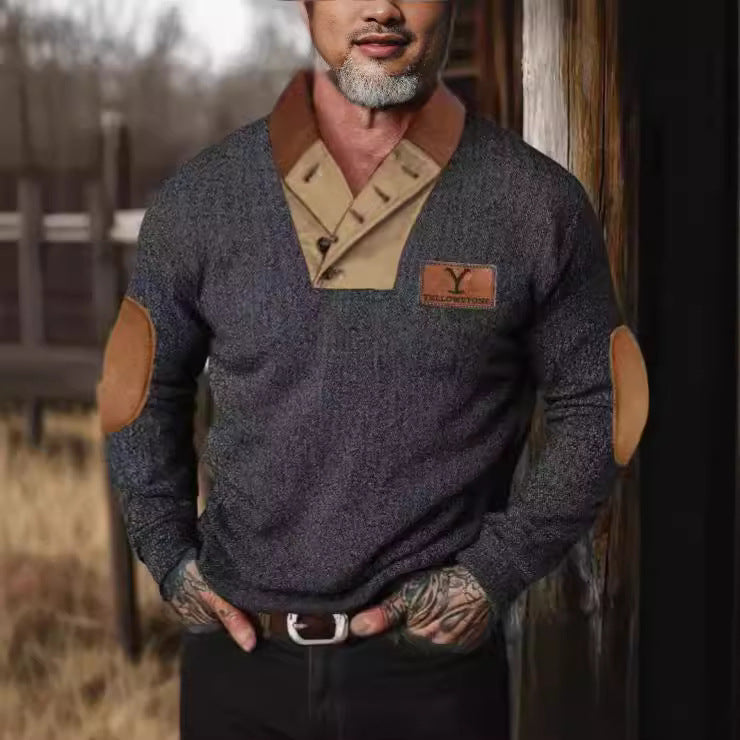 Men's stylish sweater with contrast collar and elbow patches Skorter