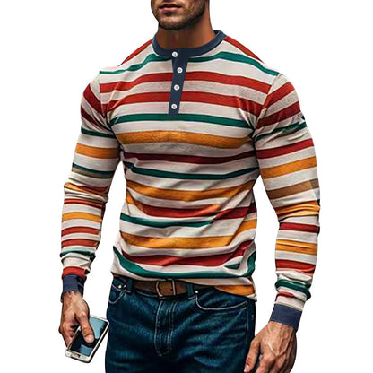 Men's Long Sleeve Shirt with Textured Striped Pattern and Sporty Collar Skorter