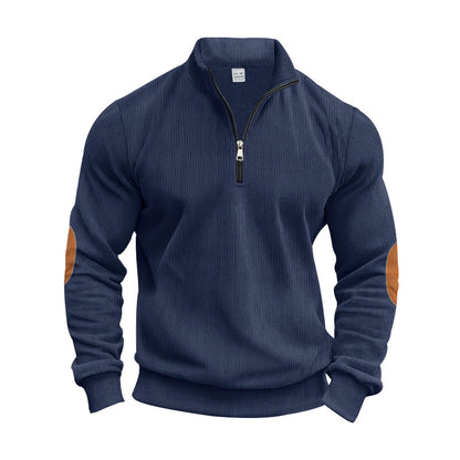 Men's Stand Collar Sweater with Zipper and Fashionable Elbow Patches Skorter