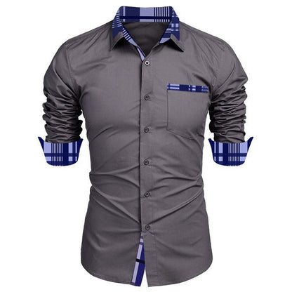 Men's Business Shirt with Fashionable Check Collar and Practical Chest Pocket Skorter