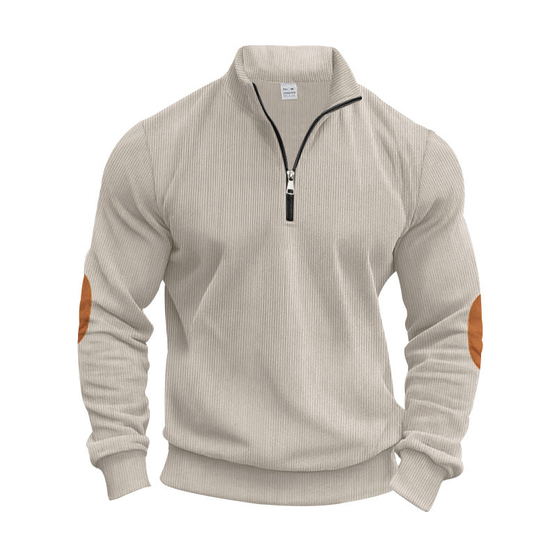 Men's Stand Collar Sweater with Zipper and Fashionable Elbow Patches Skorter