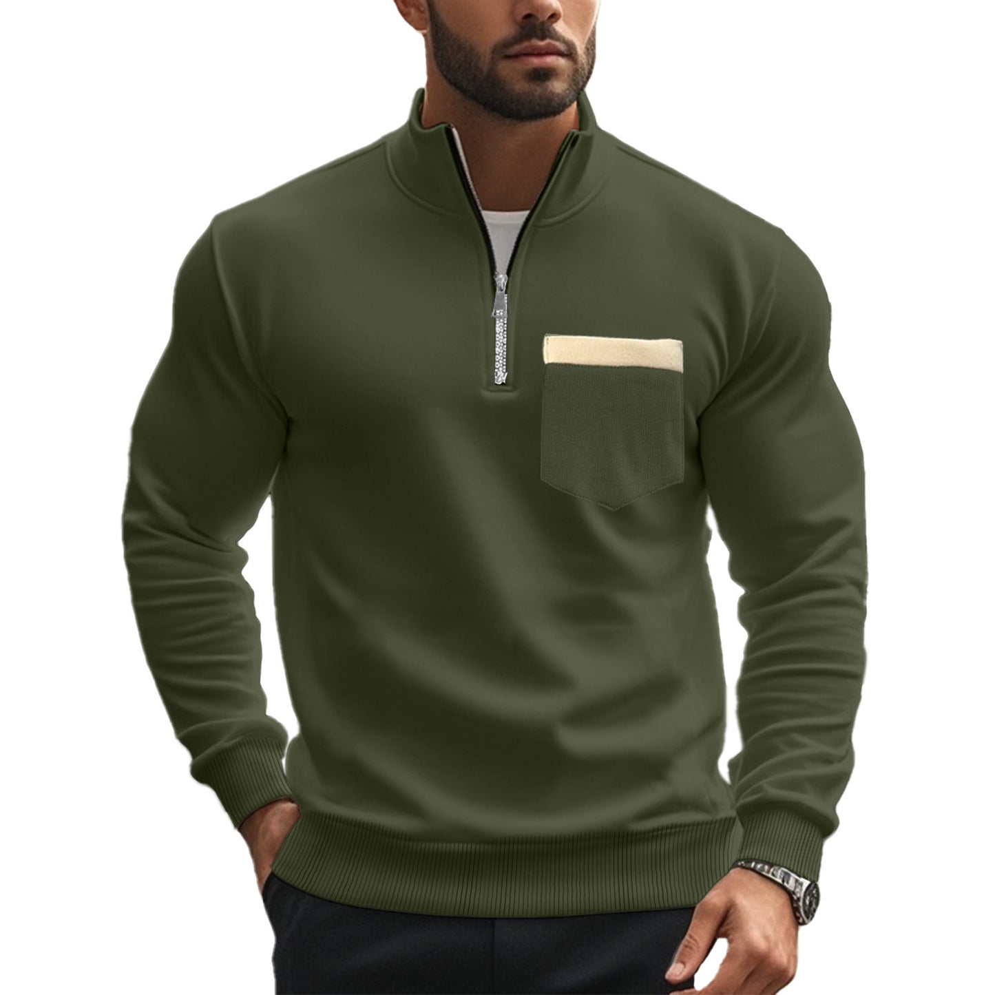 Men's sporty pullover with half zipper and contrast chest pocket Skorter