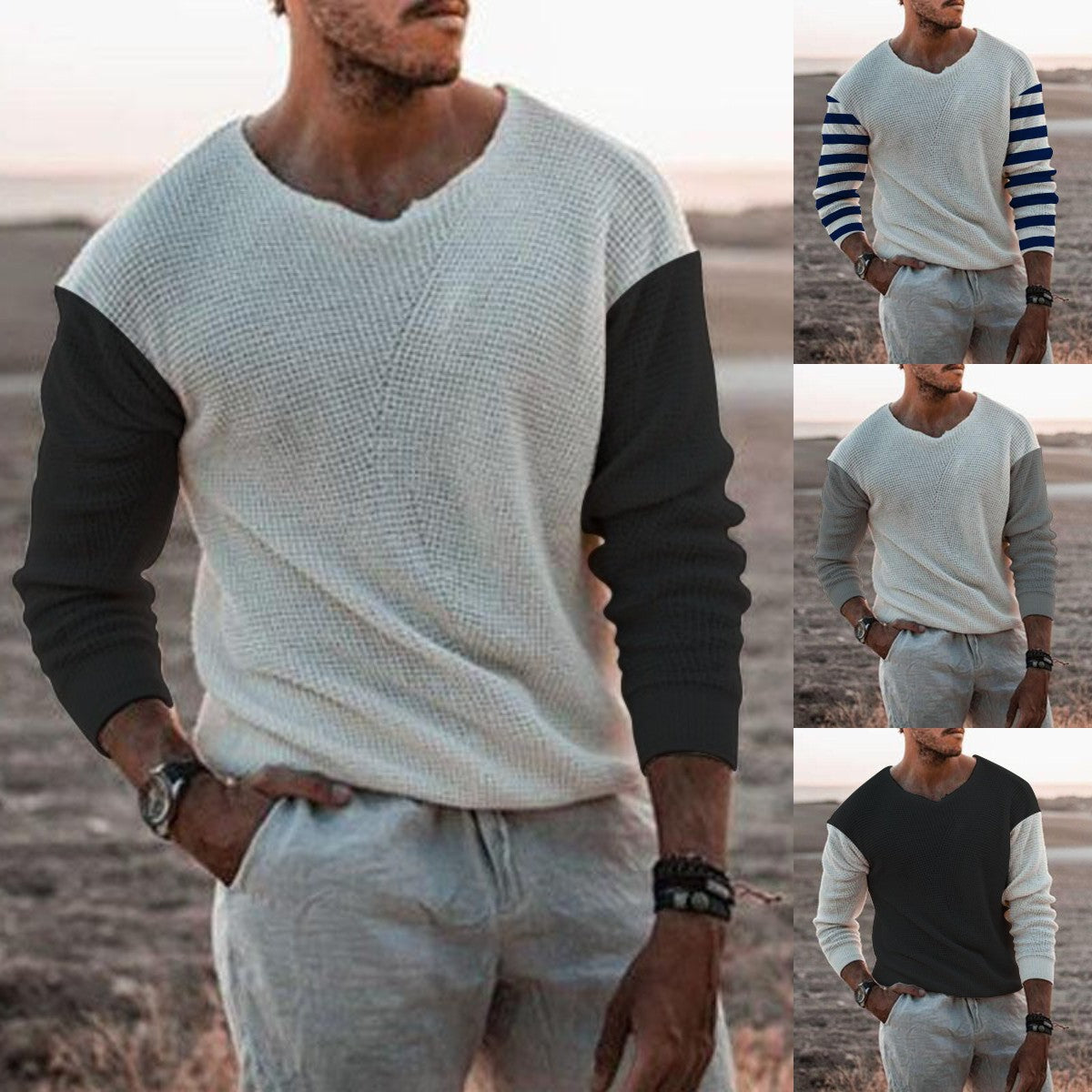 Men's stylish knit sweater with V-neck and textured surface Skorter