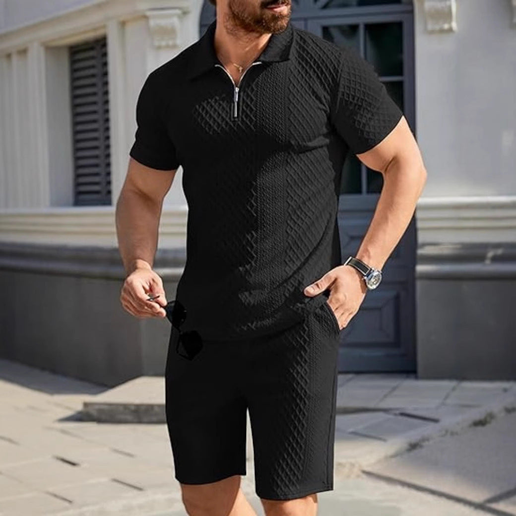 Men's sporty short sleeve set with zipper and knit pattern Skorter