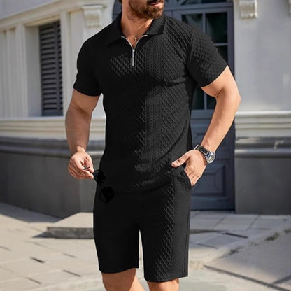 Men's sporty short sleeve set with zipper and knit pattern Skorter