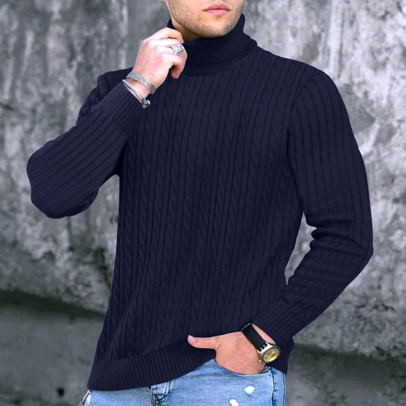 Men's Elegant Knit Sweater with Stand-Up Collar and Fine Cable Knit Pattern Skorter